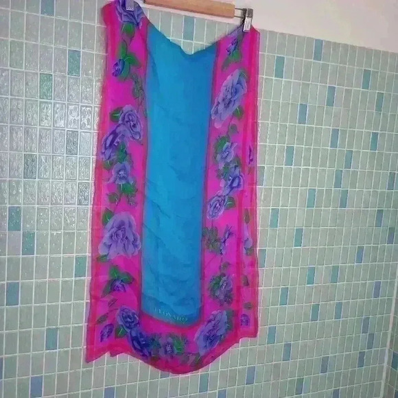 Leonard Paris Vintage Floral Silk Scarf Blue Pink - Picture 3 of 12